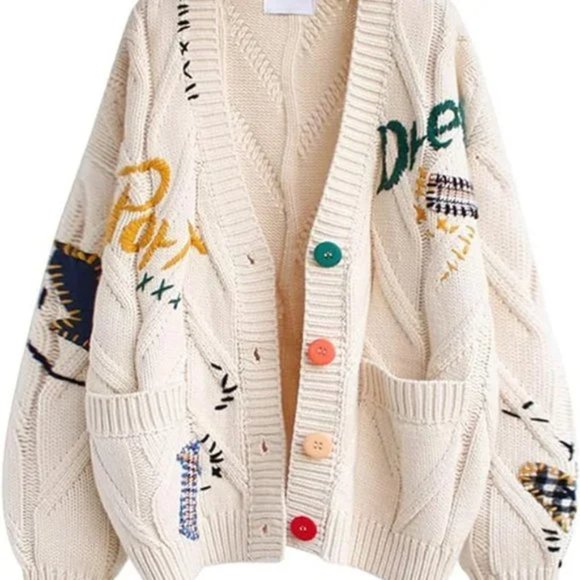 Sweaters - NWT Patchwork Knit Embroidery College V-Neck Cardigan Button Up Sweater